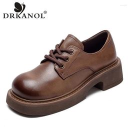 Dress Shoes DRKANOL British Style Genuine Leather Oxford For Women Thick Heel Lace-Up Wide Head Design Handmade Casual Female