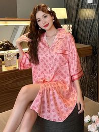 Women's Sleepwear Pink Sexy Printed Ice Silk Shirt Nightdress Summer Outwear Loose Midi Cardigan Pyjamas Home Clothes