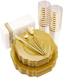Disposable Dinnerware 50 Pieces Of Tableware Plastic Plates And Golden Silverware Wedding Birthday Party Decorations5644318