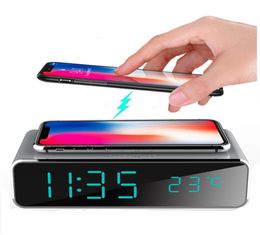 Electric LED alarm clock with phone wireless charger Desktop digital thermometer clock HD mirror clock with date 1224 h switch4165040