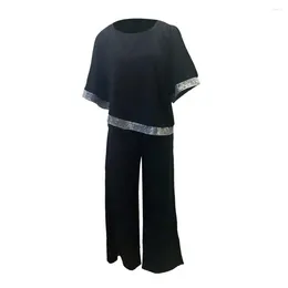 Women's Two Piece Pants Wide-leg Trousers Set Shiny Sequin Bat Sleeve Top Wide Leg Casual Daily Outfit With Irregular Blouse