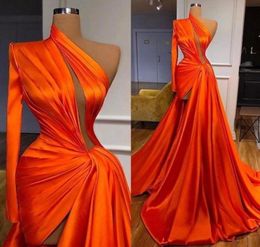 SexyOrange One Shoulder Designer Mermaid Evening Dresses Long Sleeve High Side Slit Pleats Formal Party Prom Gowns Red Carpet Dres4561421