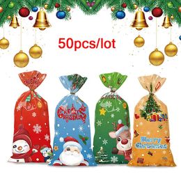 Christmas Decorations 50pcs Santa Claus Snowman Mixed Candy Bags Plastic Gift Bag Merry 2024 Home Decor For Year Party