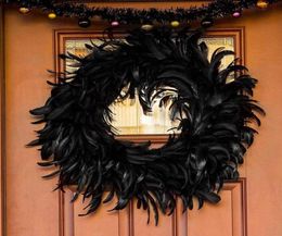 DIY Wreath Black Feather Garland Holiday Ornament Wreath Door Pendant Halloween Prop Door Pendant 2021 New Home Decoration Q08121263596