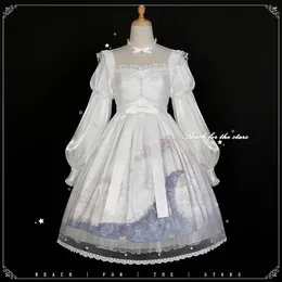 Casual Dresses Coalfell White Fairy Star Op Long Sleeve Dress Women Lolita Sweet Lace Hem Delicate Elegant Spring And Autumn