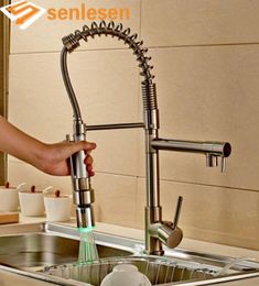 Whole And Retail Brushed Nickel Kitchen Faucet Swivel Spouts LED Sprayer Deck Mounted Vessel Sink Mixer Tap6066189