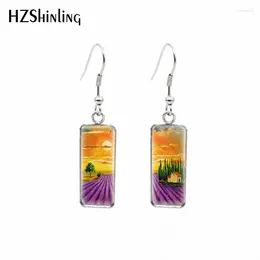 Dangle Earrings 2024 Lavender Field Rectangular Earring Purple Flower Fish Hook Glass Dome Handmade Jewellery