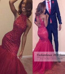 2020 Sparkly Red Mermaid African Prom Dresses High Neck Beading Crystal Tulle Sexy Backless Formal Evening Dress Pageant Gowns Cus1084183