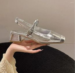 Sandals Elegant Women's Silver Dresses 2024 Summer Thick Heel High Heels Shoes Women All-match Mary Jane Leather Shoe