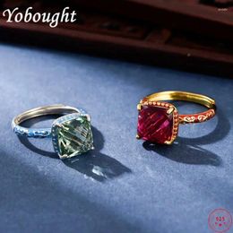 Cluster Rings Genuine S925 Sterling Silver For Women Fashion Cut-plane Sugar-shaped Red Corundum Green Crystal Enamel Jewellery