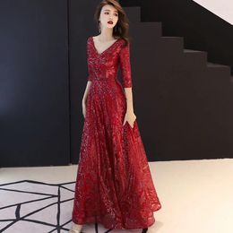Party Dresses Sweet Memory Long Wine Red Gold Sequin Prom Fashion Women Half Sleeves V-Neck A-Line Robe Floor Length Formal Gown