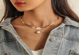 Pendant Necklaces 316 Stainless Steel Flat Bone Chain Necklace Pearl Shell Four-leaf Clover 18k Gold Choker8918444