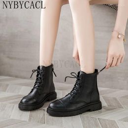 Boots Black Women's Cow Leather Shoes Platform Chunky Lace Up Ankle Winter Autumn Zip Brand 2024