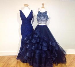 Sparkly Two Piece Prom Dresses Jewel Sleeveless Sequins Beaded Tiered Tulle Ball Gown Navy Blue Dark Red White Prom Dress Sweet 164497650