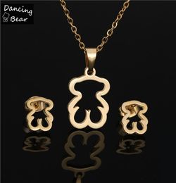 Gold Color Stainless Steel Necklace Earring Jewelry Sets Bear Clover Necklace Sets for Women Never Faded Color Jewelry2547123