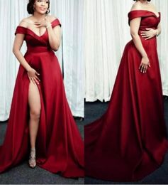 Dark Red Plus Size Evening Dresses 2019 Off The Shoulder Split Side Long Simple Prom Dresses Custom Made Pregnant Evening Dresses 1059941