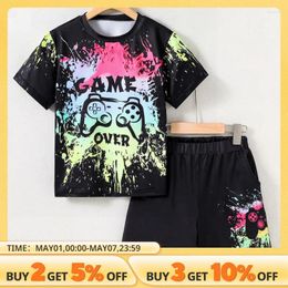 Clothing Sets 2 Pieces Boy Teen Summer Personality Trend Painted Game Machine Thin Crewneck T-shirt With Pocket Shorts Outdoor Casual Suit