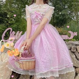 Casual Dresses Kawaii Japanese Sweet Lolita Style Soft Girly Dress Vintage Square Collar Cartoon Cute Bow Sleeveless Ruffles Plaid JSK