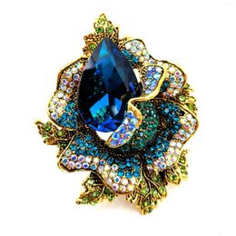 Brooches Fancy Style AB Accent Crystal Large Rhinestone Blue Rose And Pins For Women Prom Ball Gala Dress Party Luxury Accessory