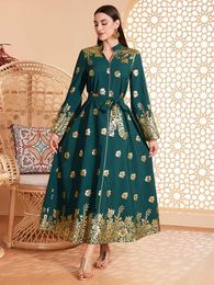 Ethnic Clothing 2024 Spring Summer Maxi Dresses For Women Fashion Green Gold Print Long Sleeve Abaya Arabic Muslim Clothes Middle East Dress