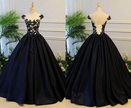 2023 Sexy Black Satin Quinceanera Dresses Long Cheap Jewel Sheer Neck Applique Lace Ruched Sequin Sweet 16 Dresses For Girls Prom 2724951