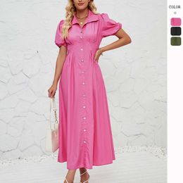 Hot selling Women's Summer Casual Short Sleeved Buckle Waist Cinched Solid Colour Cotton Super Long Shirt Dress