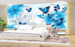 Blue lily butterfly 3D TV background wall mural 3d wallpaper 3d wall papers for tv backdrop3258129