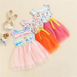 Girl Dresses Kid Girls Easter Dress With Bowknot Decor Round Neck Sleeveless Cartoon Printed Patchwork Mesh Tulle Hem 1-5Years