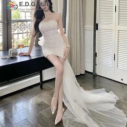 Casual Dresses EDGLuLu Backless Design Big Bow Mesh Long For Women Birthday Evening Dress Elegant Strapless Sequins White 0322