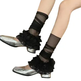 Women Socks Japanese Sheer Mesh Leg Cover Tiered Ruffle Lace Flared Long Sock