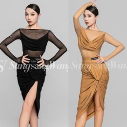 Stage Wear Latin Dance Clothes Women Adult Swing Collar Mesh Ops Slit Skirt Rumba Tango Performance Costume Sexy Black Dress DNV20246