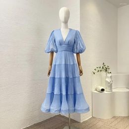 Party Dresses Women Vintage 2024 Blue And Floral 2 Colours Pleat Ruched Half Lantern Sleeve V-neck High Quality Midi Dress