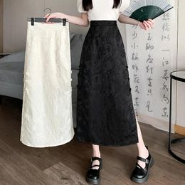 Skirts 2024 Spring Retro Chinese Style High Waist Skirt For Women Slimming Solid Color Medium Length A-line Faldas