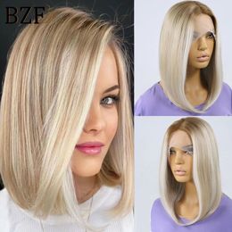 Short Blonde Highlight Synthetic Lace Front Bob Wigs 12 Coloured Straight Glueless Wig Heat Resistant Hair For Women Daily Use 240423