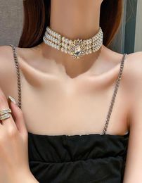 Chokers Trendy Short Neckwear Multirow Goth Pearl Necklace For Women Crystal Inlaid Rhinestones Chocker Fashion Jewelry Girl Gift3489092