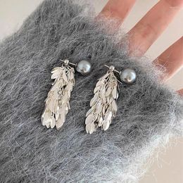 Dangle Earrings Kshmir Vintage Grey Pearl Metal Leaves Tassel For Women Girls Exquisite Fashion Elegant Jewellery Accessory Gifts