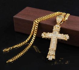 Retro Gold Charm Pendant Full Ice Out CZ Simulated Diamonds Catholic Crucifix Pendant Necklace With Long Cuban Chain5820780