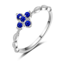 Whole Cute Handmade Luxury Jewellery 925 Sterling Silver Blue Sapphire CZ Diamond Four Leaf Gemstones Women Wedding Band Ring Gi2477994