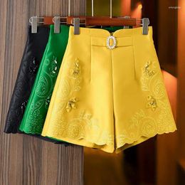 Women's Shorts Summer Women High Waisted Rhinestone Embroidery Green Yellow Black Woman Clothing Appliques Flower
