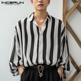 Men's Casual Shirts INCERUN Tops 2024 Korean Style Handsome Mens Vertical Striped Bishop Sleeve Well Fitting Long Sleeved Blouse S-5XL