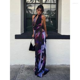 Casual Dresses Backless Maxi Dress Women Sexy Purple Print Halter Bodycon Summer Beach Outfits Elegant Sleeveless Club Party 2024