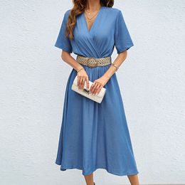 Hot selling Summer Temperament Commuting V-neck Waist Cinching Short Sleeved Fashionable Dress Without Belt