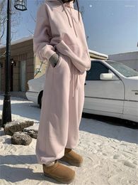 Women's Two Piece Pants QWEEK Y2K Pink Fleece Pant Sets Women Korean Fashion Basic Winter Set Oversized Harajuku Casual Thick Jogger