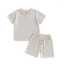Clothing Sets Toddler Baby Boy Linen Outfit Short Sleeve Pocket T-shirt Top And Rolled Shorts Summer Clothes Set