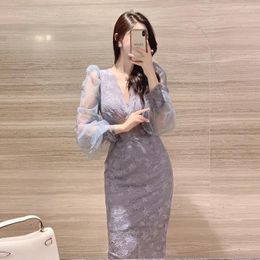 Casual Dresses Elegant Women's Prom Dress Woman Sweet Sheer Mesh Embroidery Bubble Sleeve Diamonds Party Vestidos Robe Banquet Clothes J194