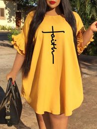 LW Plus Size Faith Letter Print Ruffle Design Loose Dress Elegant Summer Butterfly Sleeve Drop Shoulder A Line Women Clothing 240430