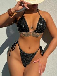 Women's Swimwear Summer Bikini 2024 Shiny Black Contrast Push Up Bandage Tie Side Thong Swimsuit Brazilian Bathing Suit Micro