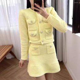 Women's Knits 2024 Spring And Summer Yellow Sequin Knitted Round Neck Cardigan/ Skirt For Women