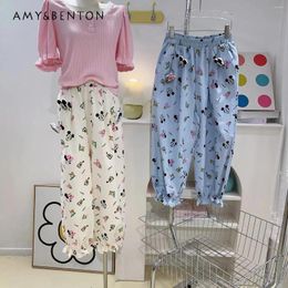 Women's Jeans Potdemiel Korean Style 2024 Summer Sweet Cute Cartoon Printed Elastic Waist Ankle-Tied Bud Casual Pants For Trousers