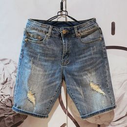 Summer Fashion Mens Hole Denim Shorts Jeans In Blue Baggy For Men Pants 240422